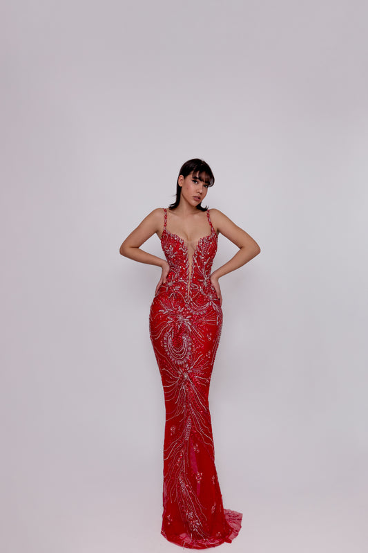 Red lace long dress